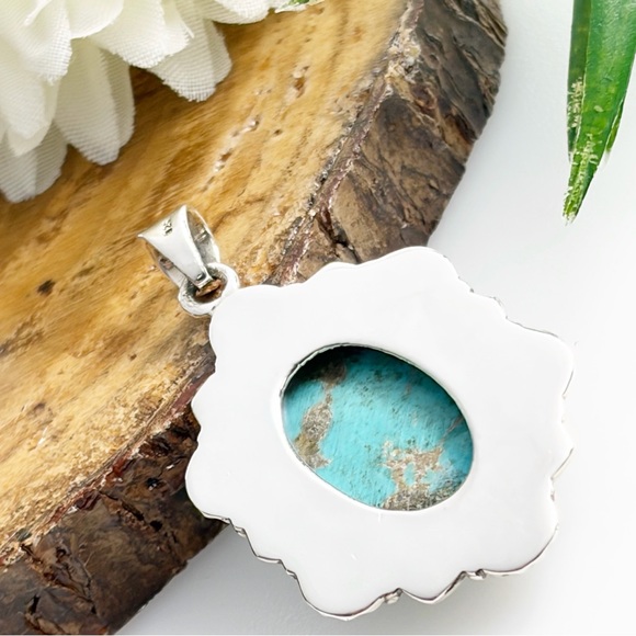 Pure Sterling Silver 925 Genuine Natural Turquoise Pendant Southwest Boho New - Picture 8 of 11